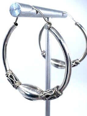 VTG Solid Sterling Silver 925 Bali Style Hoop Earrings Size 1.5" Length